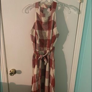 Red and tan checkered maxi dress